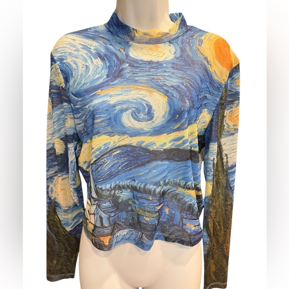 SHEIN Vincent van Gogh a starry night stretchy sheer long  sleeve top size OXL